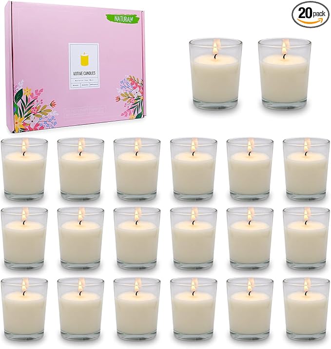 20 Packs Unscented White Votive Candles in Glass, Small 2 Inch Natural Soy Wax Non-Toxic Plain Clean Burning Candles for Wedding Table Home Spa Holidays Party