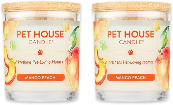 Pet House Candles, Plant-Based, Clean Burning, Long Lasting Pet Odor Candles for Home, 60 Hour Burn Time with a Natural Fiber Wick - Mango Peach, 2 Pack
