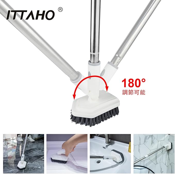 ITTAHO Shower Tile Tub Scrubber Brush with 4 Cleaning Heads,Floor Scrub Brush with 56''Long Handle, Shower Cleaner Brush & Grout Cleaner Brush Set for Shower,Tile, Tub, Bathroom,Kitchen,Walls,Sink