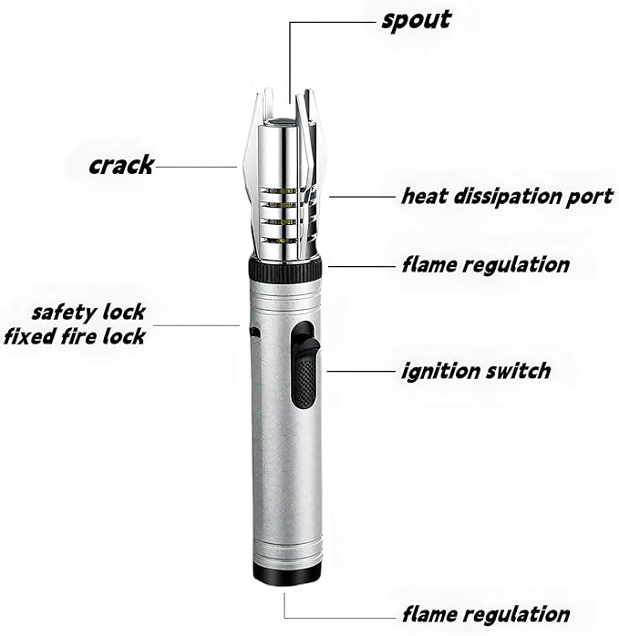 Torch Lighter, Refillable Butane Windproof Jet Lighter with Safety Lock & Adjustable Flame for Cooking, Camping, BBQ, Baking, Kitchen, Outdoor (No Gas Included) - Silvery