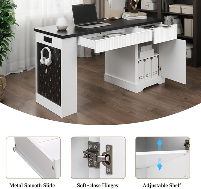 Executive L Shaped Desk with Storage Cabinet Drawers Built in Power Outlet Shelves for Home Office Gaming Study (White)