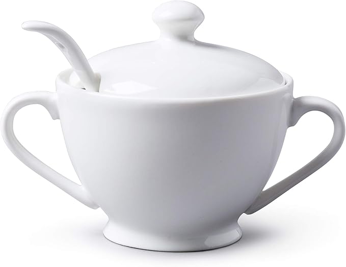 WM Bartleet & Sons 1750 Traditional Porcelain Sugar Bowl with Lid & Spoon – White