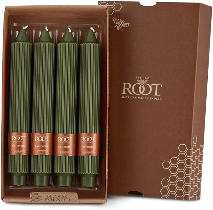 Root Candles 4-Count Unscented Dinner Candles Dripless Beeswax Enhanced Grecian Collenette Boxed Candle Set, 9-Inch, Dark Olive