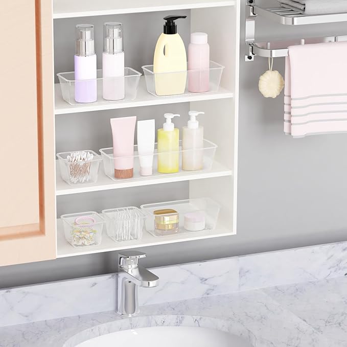 24 PCS Plastic Drawer Organizer Set, Sturdy 3-Size Makeup Vanity Desk Drawer Organizer Trays and Storage Bins for Cosmetics, Junk and Gadgets – Ideal for Bathroom, Bedroom, Office and Kitchen