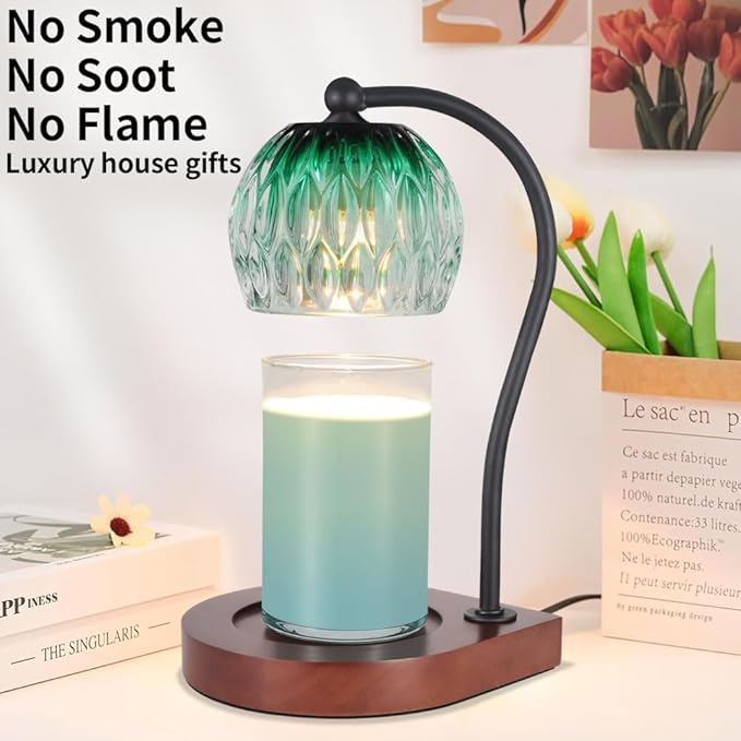 Electric Candle Warmer Lamp with Timer＆Dimmable for Jar Scented Candles, Wax Melting Tabletop Light Suitable as a Home Decor Thanksgiving Christmas Day Gift for Women Mom, with 2 Bulbs(Glass Green)