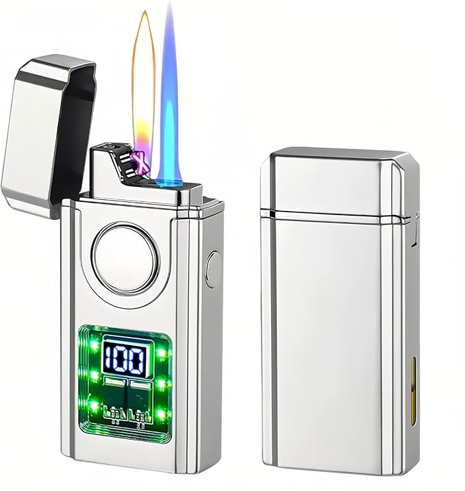 Smart Voice-Activated Lighter - 3 Flames (Blue Torch, Soft Flame & Dual Arc) - Windproof Refillable & Rechargeable Butane Lighters with Multiple Ignition Methods (Without Fuel) (Silver Sand)