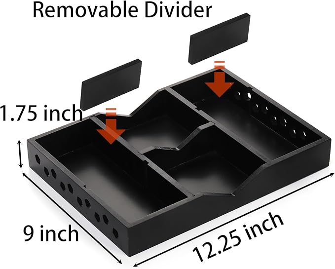TOPZEA Wood Desk Drawer Organizer Tray, 6 Slot Junk Drawer Organizer with 2 Adjustable Divider Office Supplies Storage Organization for Desktop, Bathroom, Kitchen, Makeup, Vanity, Black