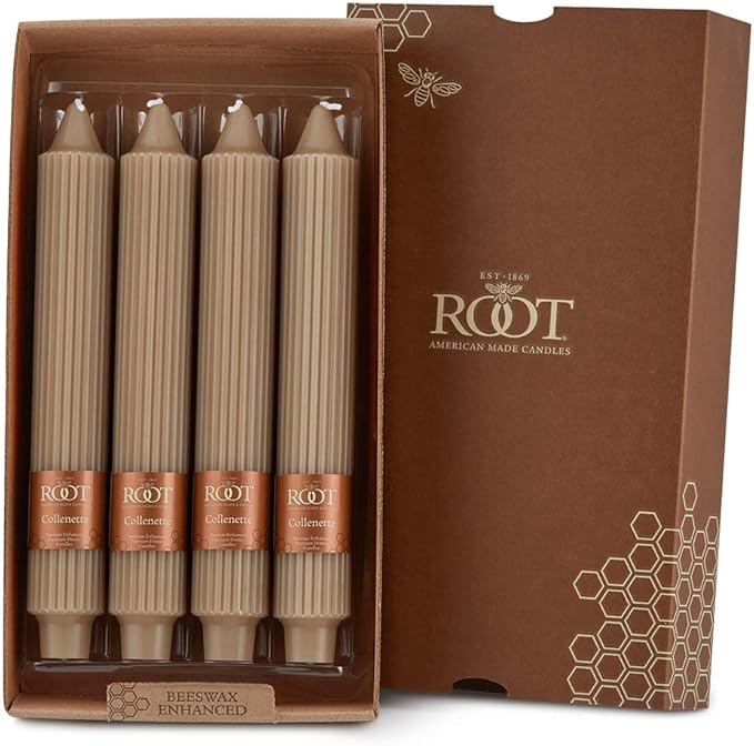 Root Candles 4-Count Unscented Dinner Candles Dripless Beeswax Enhanced Grecian Collenette Boxed Candle Set, 9-Inch, Taupe