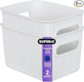 Superio Ribbed Collection - Decorative Plastic Basket Open Home Storage Bins Organizer, Small White (2 Pack) Container Boxes for Organizing Closet Storage Bins for Shelves Drawer Shelf 1.5 Liter