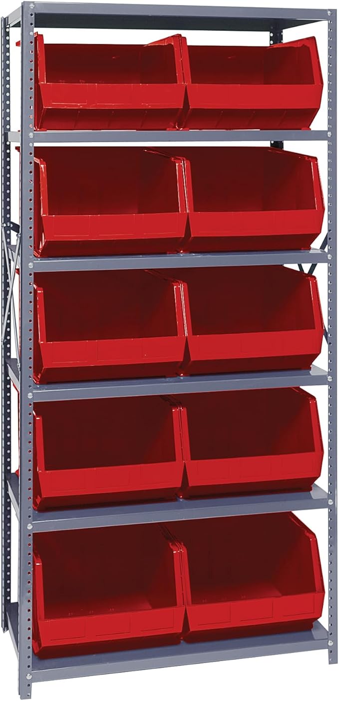 Quantum Storage Systems QSBU-270RD Giant Open Hopper Steel Shelving System, 18" D x 36" W x 75" H, with 6 Shelves and 10 QUS270 Bins, Red
