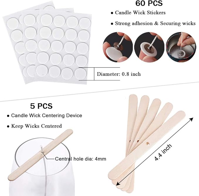 Bulk Cotton Candle Wick 8" Pre-Waxed 80 Pcs with 60Pcs Candle Wick Stickers, 5Pcs Candle Wick Centering Device and 20PCS Metal Tabs for Candle Making (80pcs 20cm Wick kit)