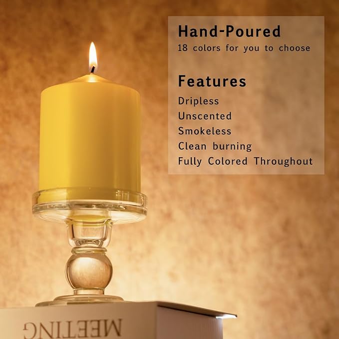 MOZEAL 3" x 4" Hand-Poured Unscented Yellow Pillar Candles,Dripless Candles Set of 3,Smokeless,Clean Burning,Approx 60 Hours Burn Time,Wedding,Spring,Christmas and Home Decor（3 Inch Width Series）