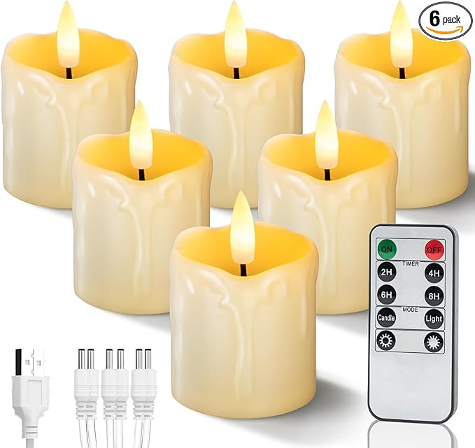 Homemory Rechargeable Flameless Candles with Timer Remote, 2" x 2" Realistic Battery Operated LED Votive Tea Lights, 6Pack Electric Fake Candle in Warm White (USB Charging Cable Included)