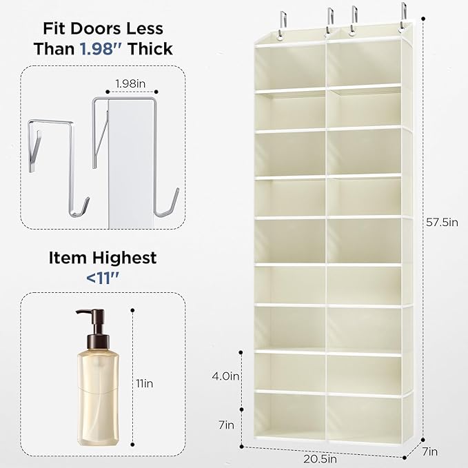 5-Tier Over The Door Organizer with 10 Side Mesh Pockets & Clear Windows, 80 lbs Weight Capacity Hanging Storage for Bathroom, Bedroom, Nursery, Kitchen, Organize Shoes, Diapers(Clear Beige)