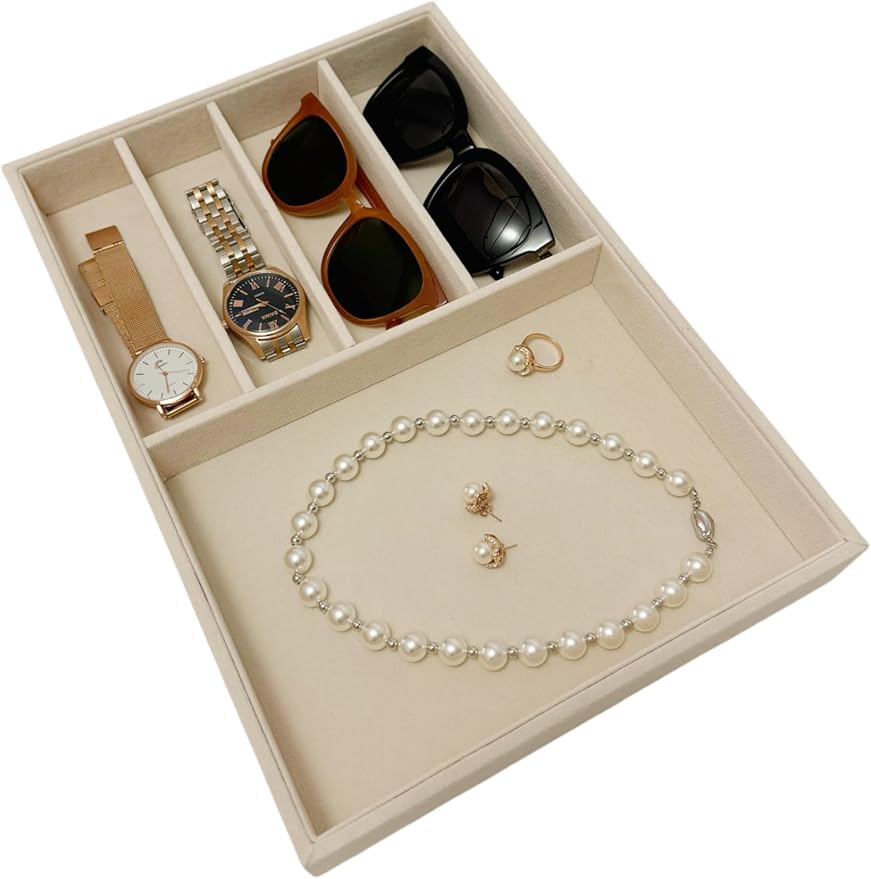Large Beige Premium Quality Velvet Jewelry Display Box Tray Stackable Practical Trade Show Home Store Glasses Accessories (Multifunction Jewelry Tray)