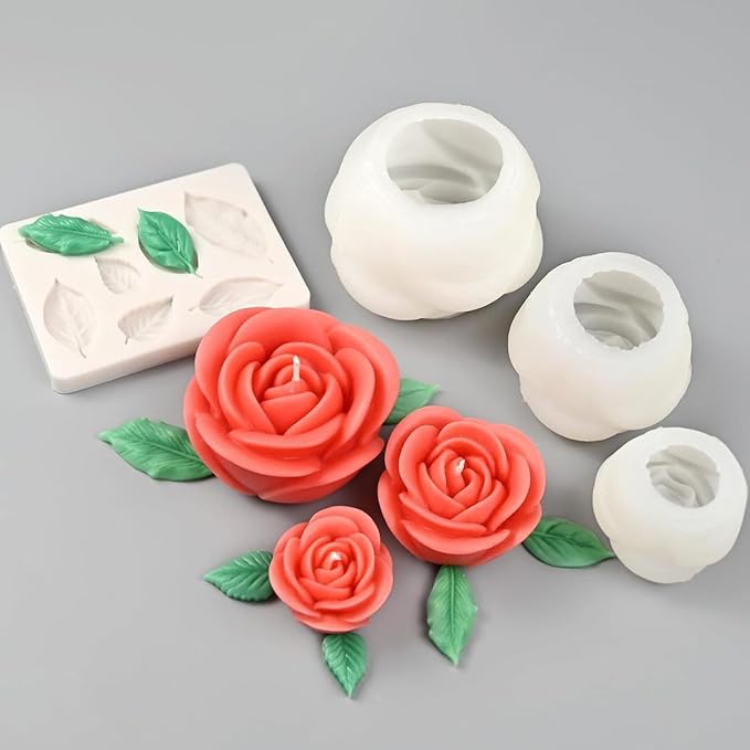 4PCS Rose & Leaf Candle Molds, 3D Flower Silicone Molds for Candles Epoxy Resin Casting Wax Soap Clay Plaster Home Decoration Handmade Gift
