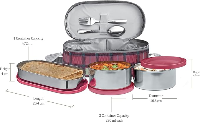 Milton Corporate Lunch Stainless Steel Containers Set of 3, Maroon
