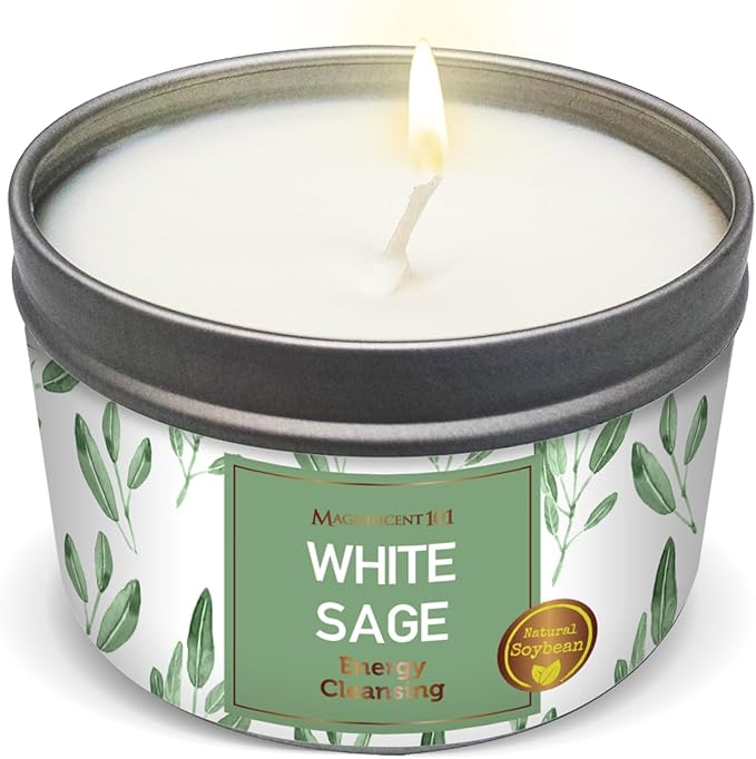 Magnificent 101 Long Lasting Pure White Sage Scented Smudge Candle - 6 Oz - 35 Hour Burn - Made of Soy Wax for House Energy Cleansing, Purification & Manifestation - Soy Candles