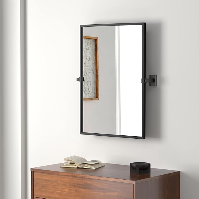 Rectangle Bathroom Mirror - 24x36 Inch Black Metal Framed Tilting Beveled Vanity Mirrors, Modern Pivot Mirror for Bedroom Bathroom Living Room Entrance