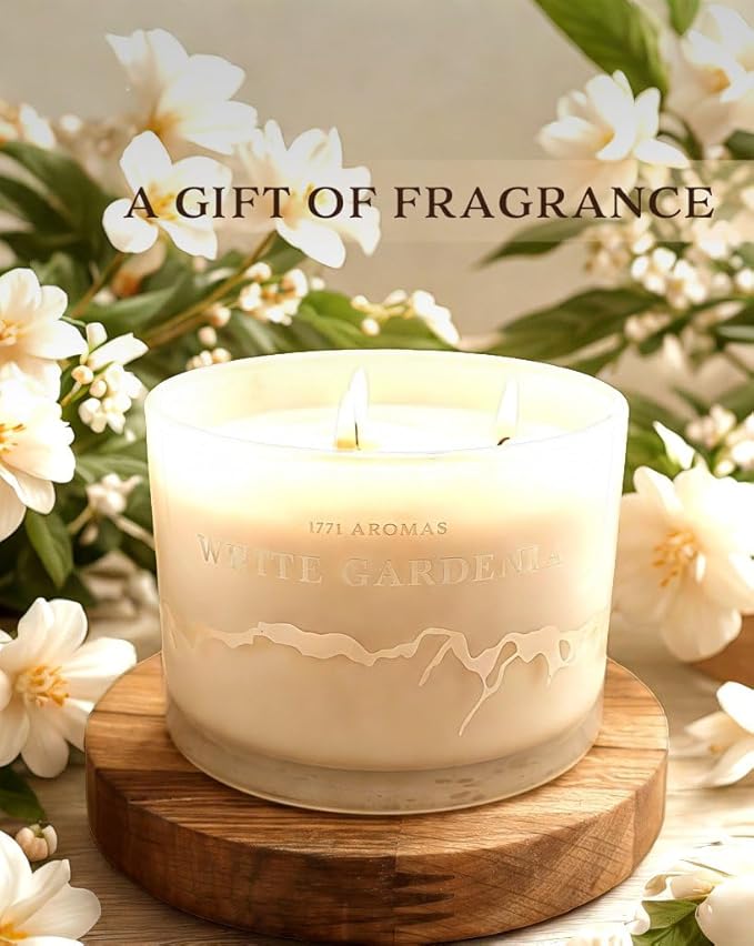 White Gardenia Scented Candles - 100% Natural Soy Wax - Large 3 Wick Jar Candle - Up to 50 Hours Burning Time - Candles for Home - Gift-Ready Candle for Men & Women - Aromatherapy