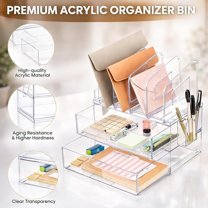 LALOBLUE Acrylic Desk Organizer with Drawer, Office Supplies,Organization Storage, 2 PC Drawer Organizer with 4 File Sorter, Desk Organizers and Accessories, Clear Acrylic File Organizer