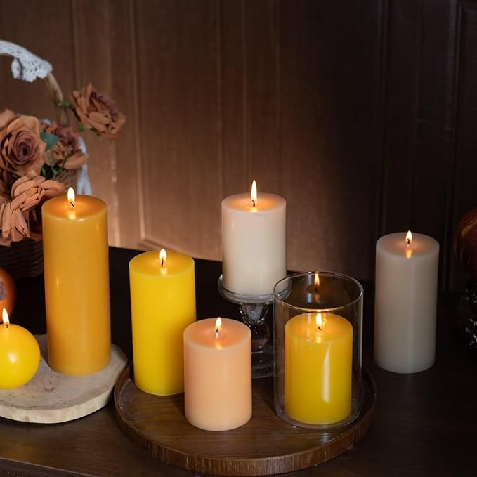 MOZEAL 4" x 10" Extra-Large Spicy Mustard Pillar Candles (Set of 2), Unscented, Dripless, Smokeless, Long Clean-Burning,Tall 10 inch Large Spicy Mustard Pillar Candles Perfect for Autumn Events Decor