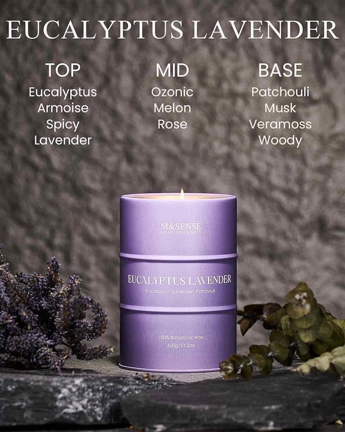 M&SENSE Eucalyptus Lavender Scented Candles Large, Natural Soy Candles 21.2oz 120 Hour Slow Burning,Aromatherapy Candle for Stress Relief Meditation Relaxing