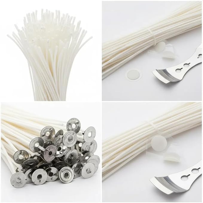 100pcs 6" Natural Cotton Candle Wicks & Stickers + 1 Wick Centering Device - Low Smoke, Natural Core for Candle Making & DIY Projects