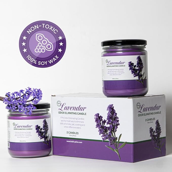 Odor Eliminating Candle Set (Lavender) - Pack of 2 (12oz) | 90 Hour Burn Time | Premium Soy Wax Candles | Eliminates 99% of Pet, Kitchen, & Smoke Odors | Eco-Friendly & Long-Lasting