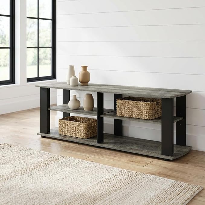 Furnifact French Oak/Black Nelly Entertainment Center TV Stand with Composite Wood Construction, Modern Design, Durable and Space-Saving for Living Room