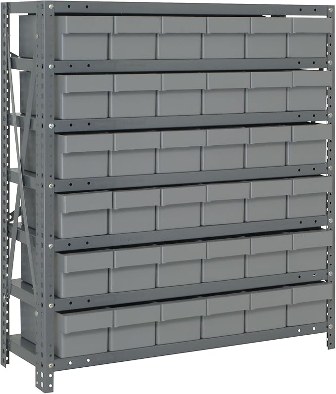 Quantum Storage Systems 2439-603GY Solid Heavy Duty 7 Shelves 36 Super Tuff Euro Gray Bins 39" H x 36" W x 24" D