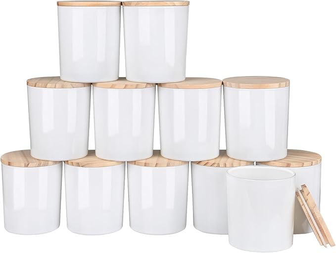SHOWIN Thick Candle Jars for Making Candles 12 Pcs, 14 OZ Empty Jars with Wood Lids for Candle Making, Sample Container, Glossy White
