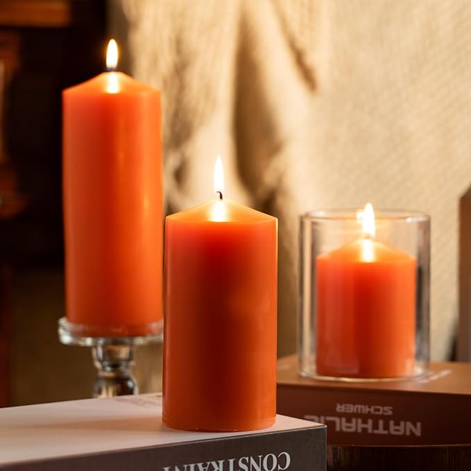 MOZEAL 3" x 6" Hand-Poured Unscented Orange Pillar Candles,Dripless Candles Set of 3,Long Lasting Burning,Approx 100 Hours Burn Time for Thanksgiving,Halloween,Fall and Home Decor