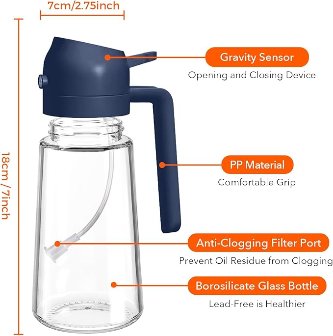 YARRAMATE 2Pcs 16oz/470ml Glass Olive Oil Sprayer for Cooking with Stickers, 2 in 1 Oil Dispenser for Kitchen Gadgets, Food Grade Premium Spray Bottle with Portion Control for Salad, BBQ (Black&Navy)