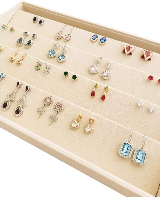 Premium Grade Beige Velvet Jewelry Organize Display Tray for Earrings Stackable Storage Neutral Color Store Trade Show Gallery Home Use Drawer Divider