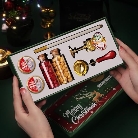 Mceal Christmas Wax Seal Stamp Kit with Santa Claus Handle,2 Colors Wax Beads, Melting Spoon,Golden Color Pen,2 Candles for DIY Gift Wrapping, Holiday Greeting Cards