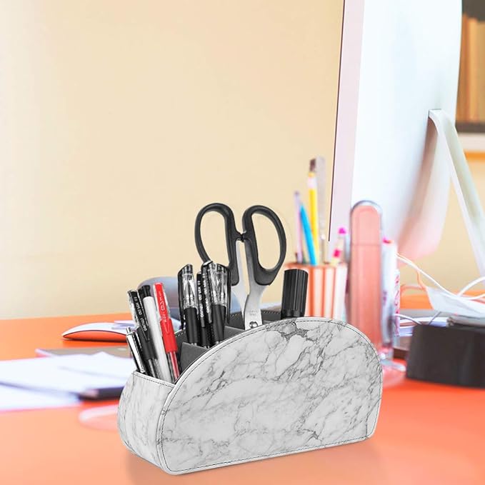 SITHON Remote Control Holder with 5 Compartments - PU Leather Remote Caddy Desktop Organizer Store TV, DVD, Blu-Ray, Media Player, Heater Controllers, Marble