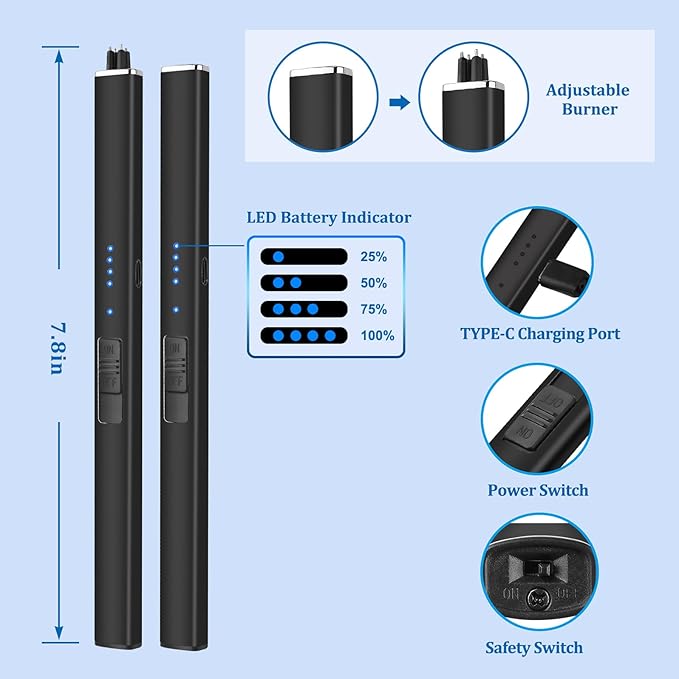 Electric Candle Lighter Rechargeable Windproof Flameless Gifts for Men Husband Dad Dual Arc Stocking Stuffers for Men Him Women Camping Kitchen USB Lighters with Safety Lock Valentines