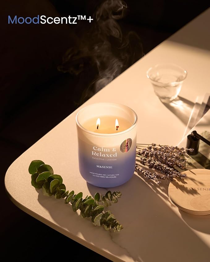 M&SENSE Eucalyptus Lavender Scented Candle, 14.1oz Non Toxic 80 Hours Burn Time Highly Scented Natural Soy Wax Aromatherapy Candle for Women Men, Stress Relief & Relaxing
