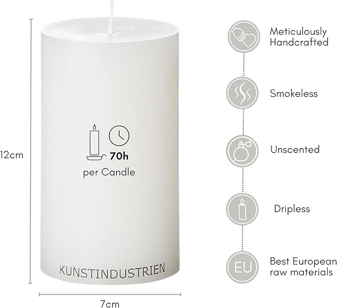 White Pillar Candles, Handmade in Europe, 4 Pack – RSPO Certified, Dripless & Smokeless Velas, Long Burning Candles 70 Hours per Large Candle, Unscented Candle Set (4 pcs, Ø 2.8 in x H 4.7 in, White)