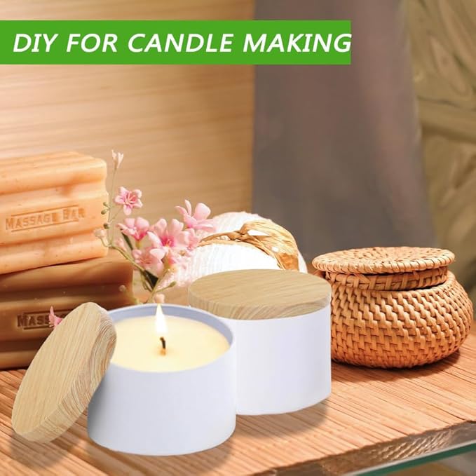 ABK 24PCS 4oz White Candle Tins With Wood Grain Lids, Matte Jars for Candle Making, Empty Metal Container