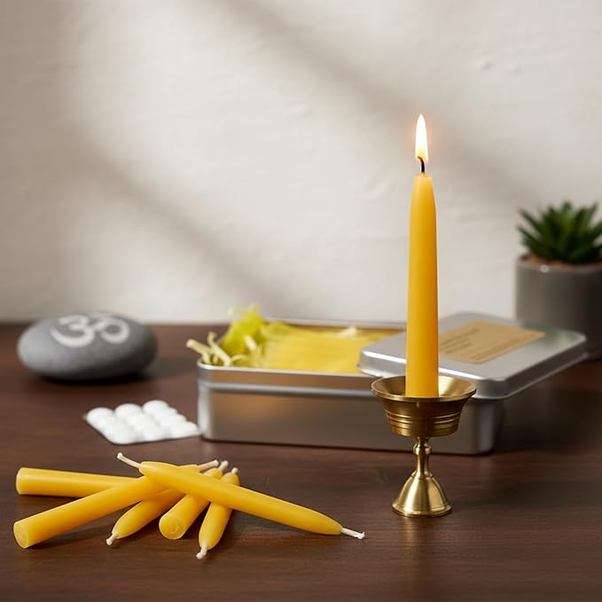 Luxury Beeswax Meditation Candles 20 Min – Mini Pure Beeswax Taper Candles with Brass Holder, Dripless 20 Minute Prayer Candles for Yoga Easter Saint Patrick’s Day, Wedding & Mother’s Day