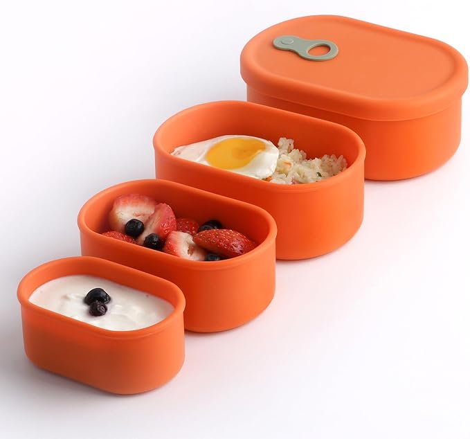 Premium Korean-Made Silicone Airtight Food Container with Steam Vent – BPA Free, Leakproof, Microwave & Freezer Safe Meal Prep. & Leftovers Storage (Mandarin Orange, 4p Multi-Size Set)