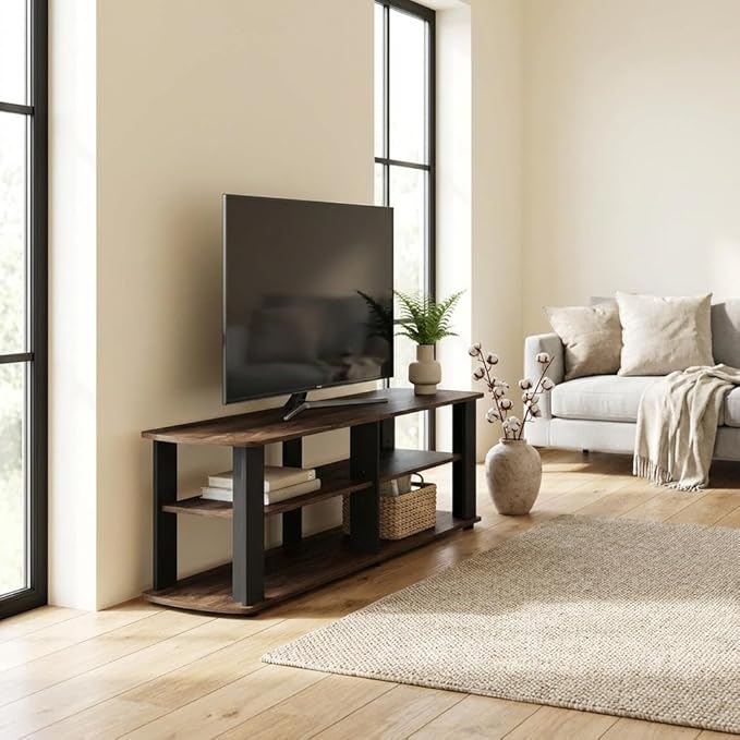 Furnifact Walnut and Black TV Stand, Entertainment Center with Spacious Surface, Multiple compartments for Electronics and Accessories