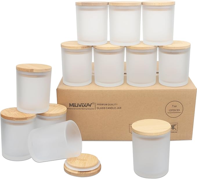 MILIVIXAY 12 Pack 7 OZ Frosted White Thick Glass Candle Jars with Lids - Bulk Empty Candle Jar for Making Candles - Spice, Powder Containers.