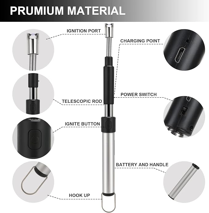 Electric Long Lighter, Retractable Length (11.4in-27.55in), Lgnition Port Can be Rotated 360°, Rechargeable via USB, lighters Suitable for Lighting Candles, barbecues, fireplaces, fire pits, etc.