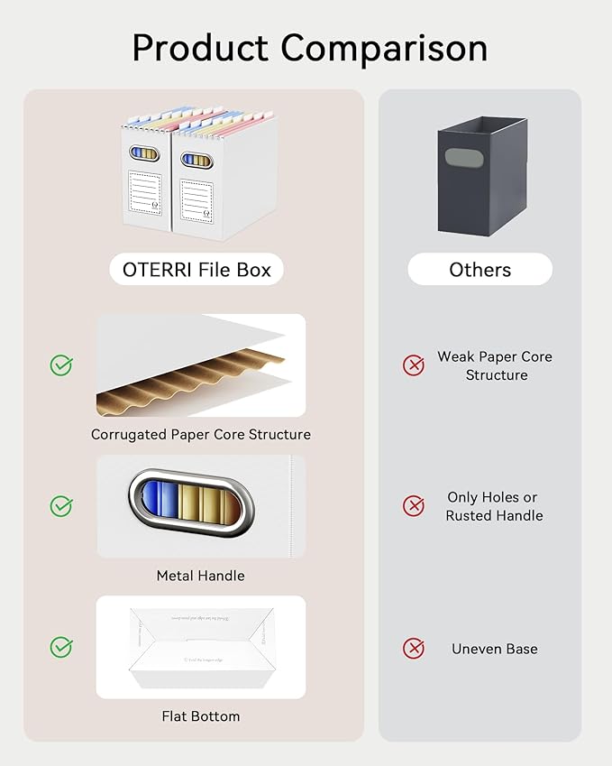 Oterri File Organizer Box, Portable Collapsible Cardboard File Folder Organizer with Handle for Letter Size Hanging Files, Document Storage Box for Home Office & Classroom (8 Packs, White)