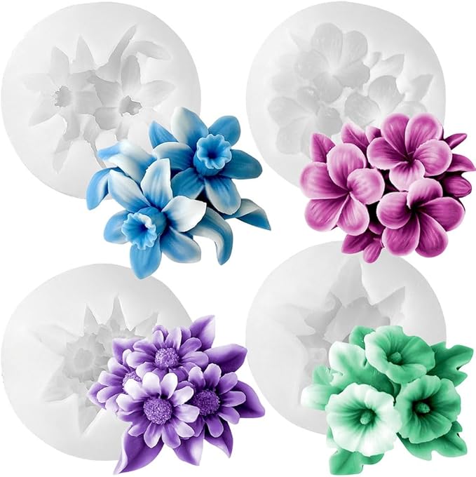 4pcs Flower Silicone Molds Scented Candles Soap Making Kit Candle Molds for Candle Making Supplies Sunflower Daffodils Petunia Plumeria Flower Silicone Mold for DIY Plaster Resin Floral Crafts