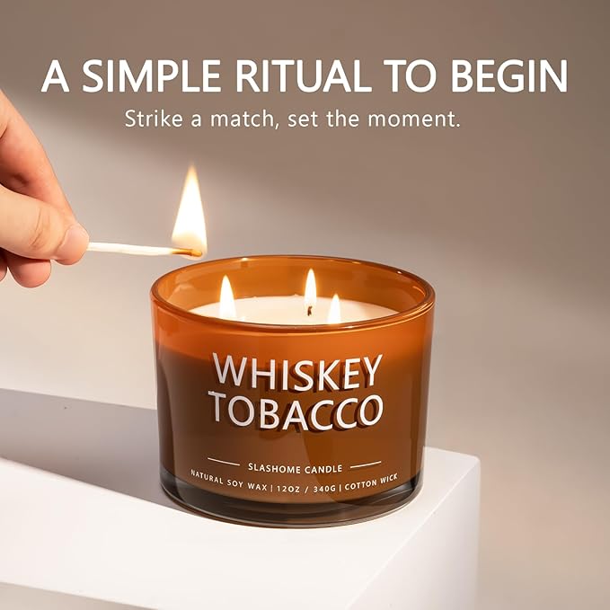 Whiskey & Tobacco Scented Candle, Luxury Large 3 Wick Soy Candle 12 Oz, 60+ Hour Long Lasting Clean Burn, Elegant Aromatherapy Home Decor, Housewarming & Birthday Gift for Men & Women