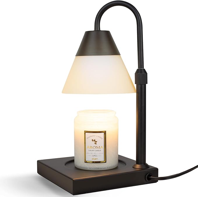 LALISU Candle Warmer Lamp, Dimmable Metal Candle Lamp Warmer Height Adjustable, Compatible with Candle and 3 Wick Large Jars Scented Wax for Home Decor (Glass-Black)